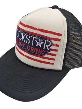 Vintage Y2K Rockstar Energy Drink Snapback Trucker Hat Mesh Striped